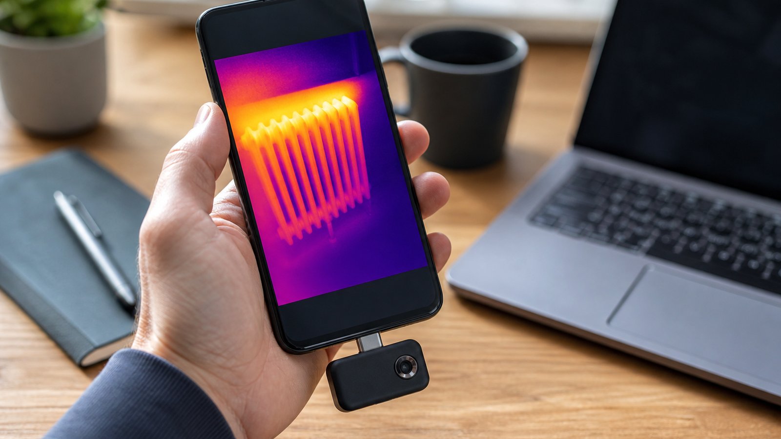 USB-C Android thermal dongle on a British workbench