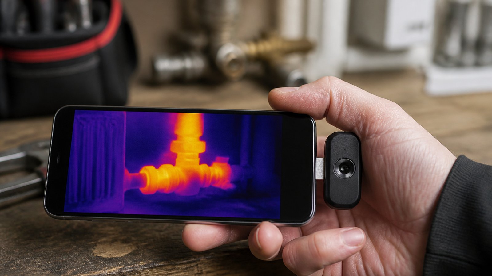 USB-C Android thermal dongle on a British workbench